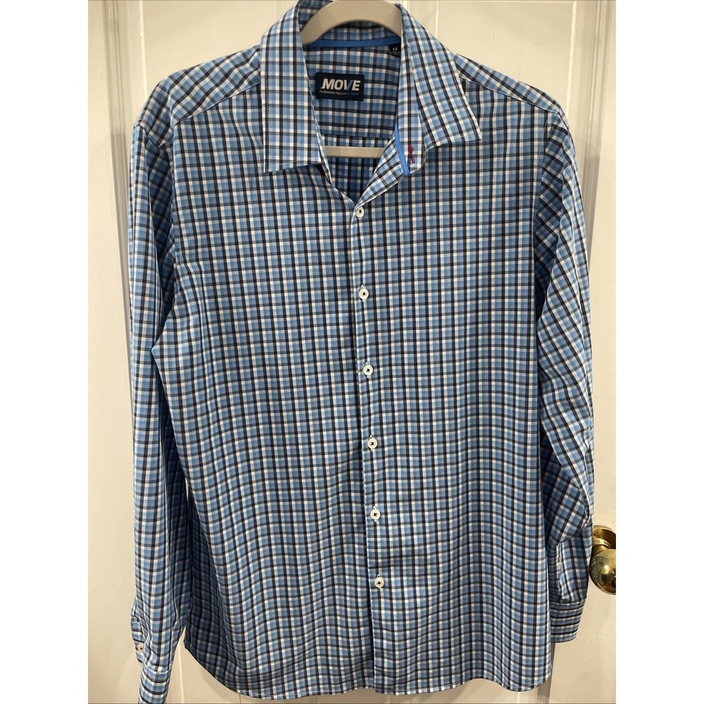 MOVE Performance Apparel By Quieti Dress Shirt Mens M Blue Plaid Long Sleeve